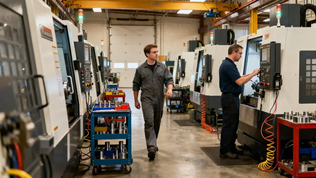 Two CNC machinists working among a row of milling machines on a shop floor — real-time monitoring with JITbase