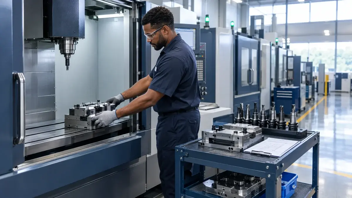 Machinist installing a pre-staged fixture on a machining center: reducing changeover time in manufacturing with JITbase.