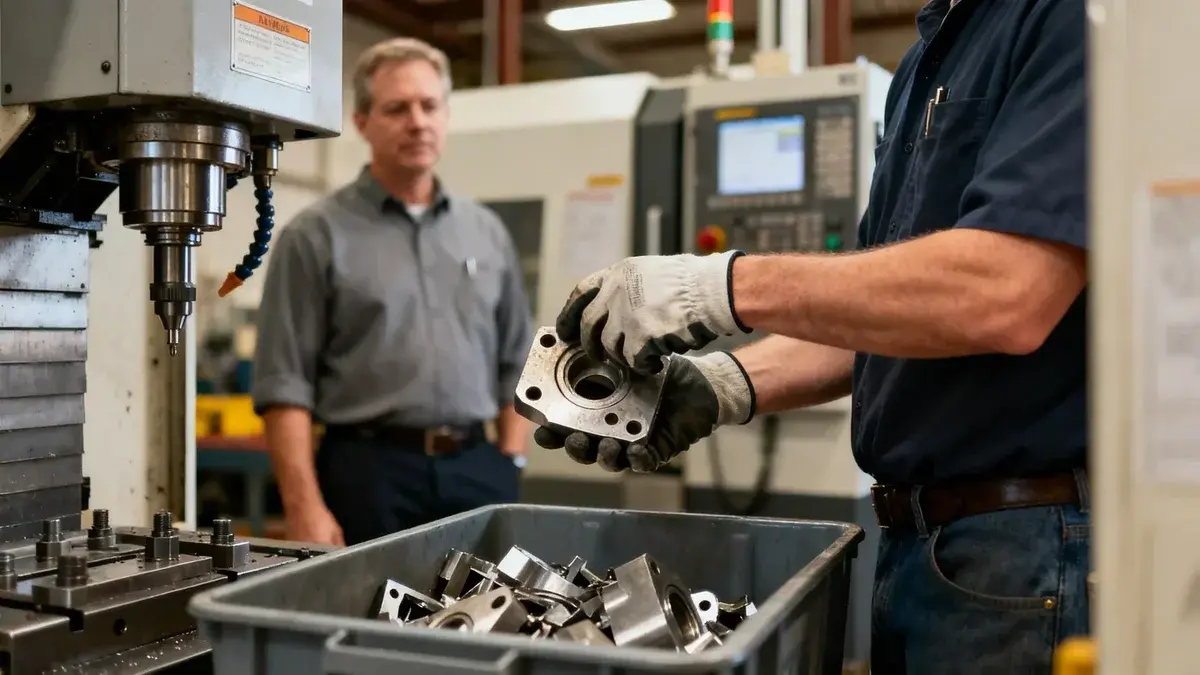 Opérateur d'atelier triant une pièce rejetée dans un bac de rebut à côté d'une machine CNC, illustrant la détection du rebut avec JITbase