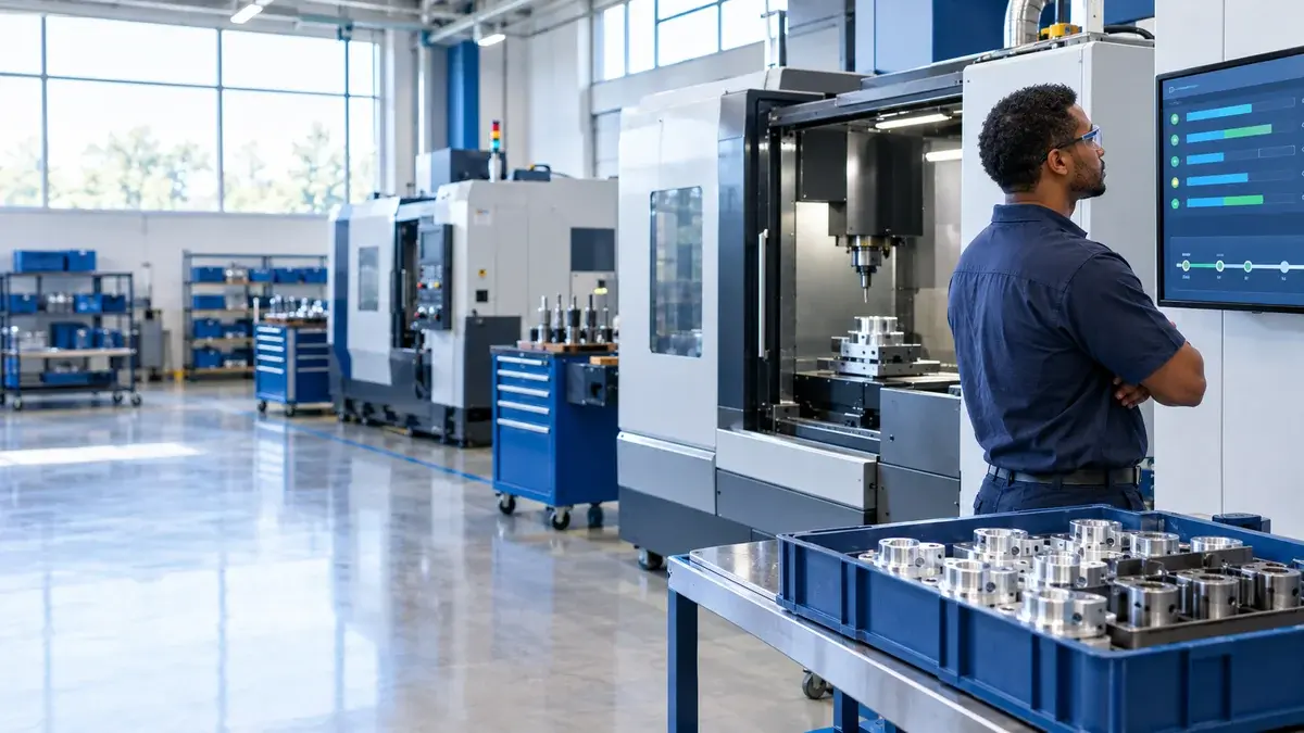 Opérateur consultant l’avancement d’une commande sur un écran à côté de pièces CNC prêtes à expédier : livraison à temps avec JITbase