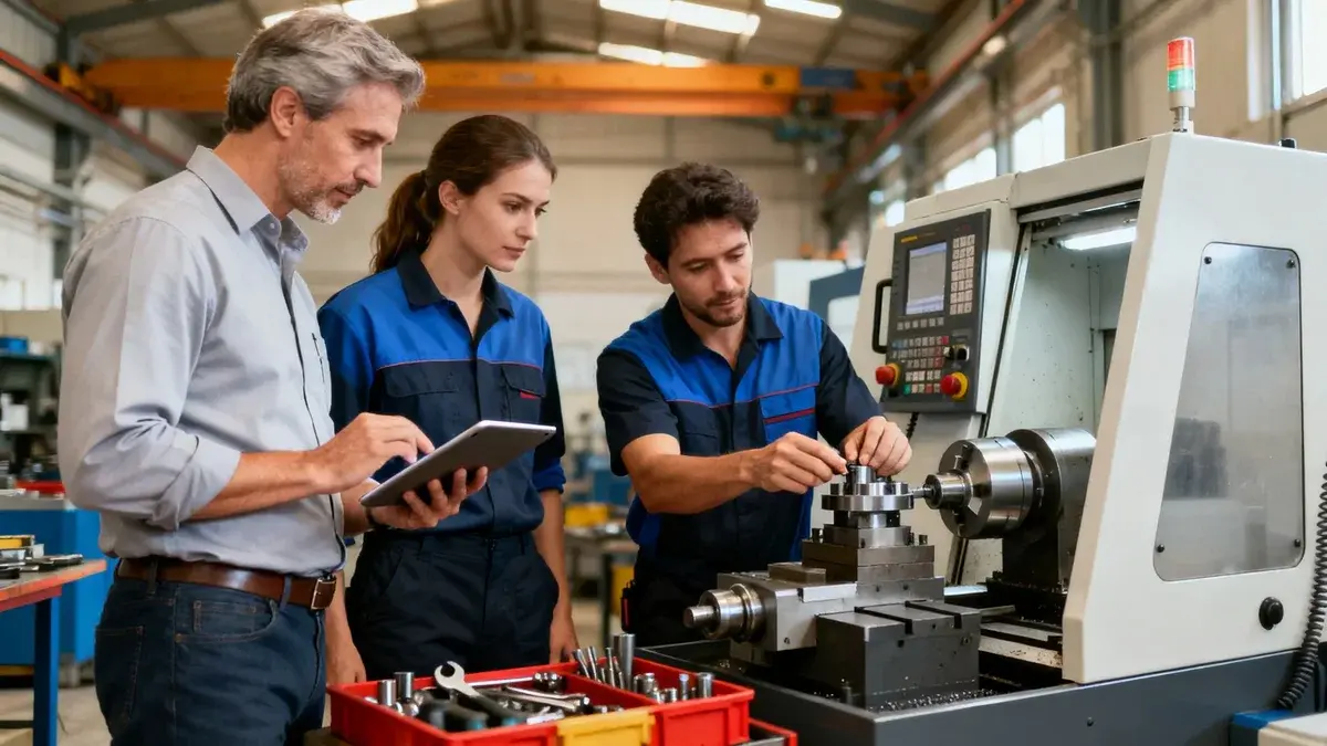 Supervisor and operators reviewing a tablet next to a CNC lathe: scaling connected worker technology with JITbase