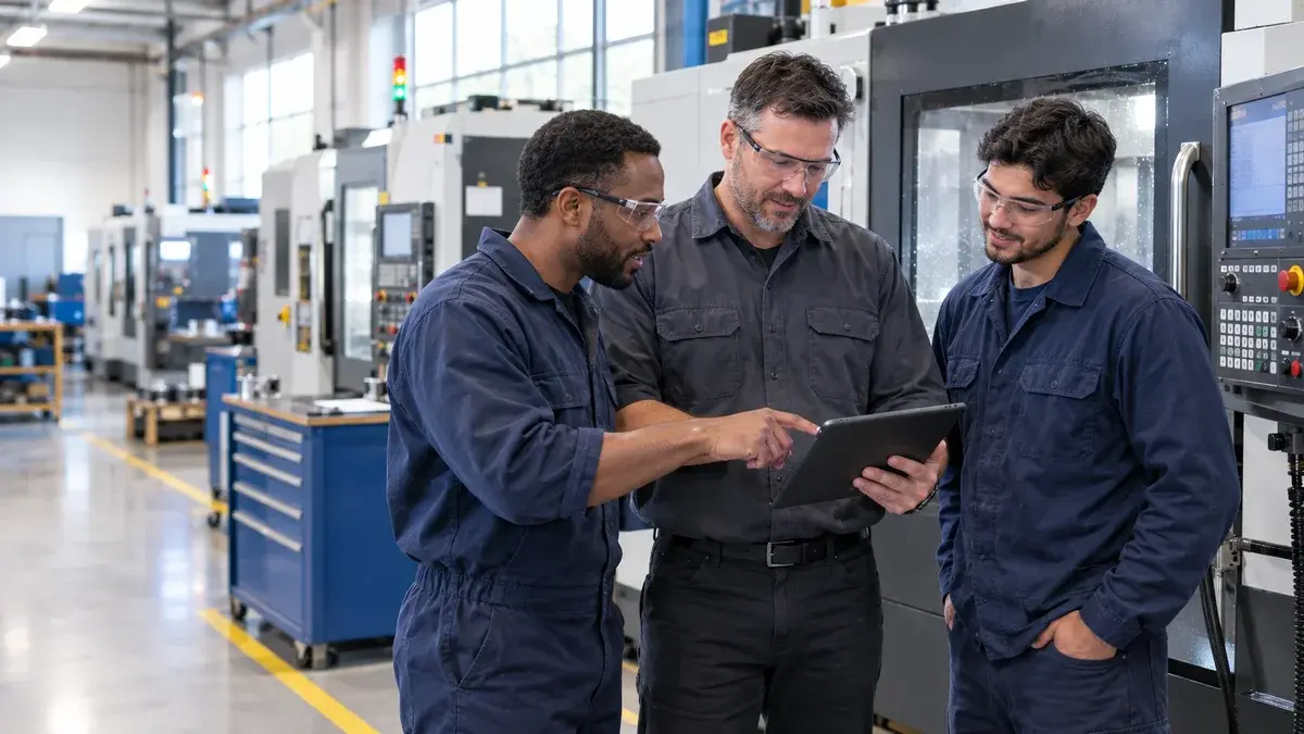 Supervisor showing a tablet to two operators next to a CNC machine: shop floor change management with JITbase