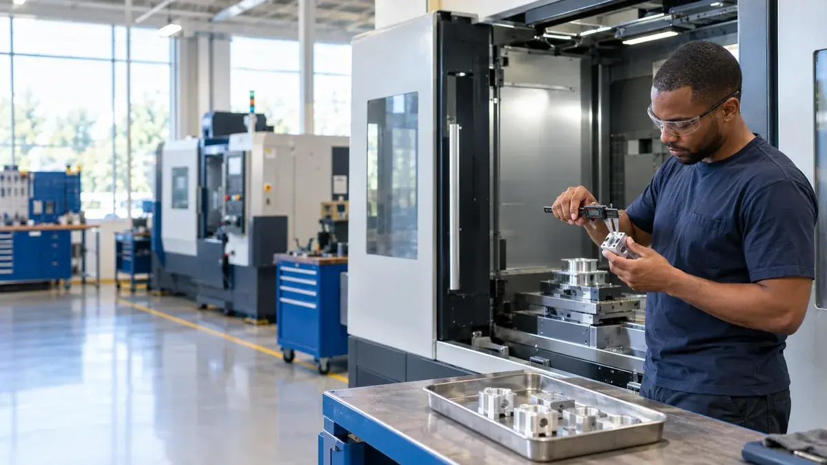 Contrôleur qualité mesurant une pièce usinée avec un pied à coulisse près d’une machine CNC : système de management de la qualité avec JITbase