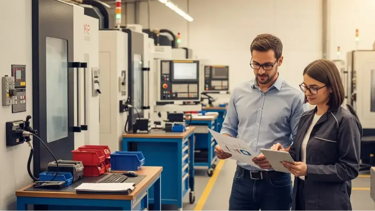 Superviseur et opérateur d'atelier CNC consultant ensemble un rapport de production et une tablette, mise en place du travailleur connecté avec JITbase